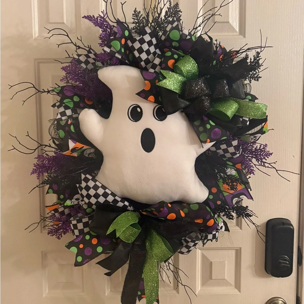 Halloween Ghost Wreath with Colorful Accents - Hand Made by my mother*